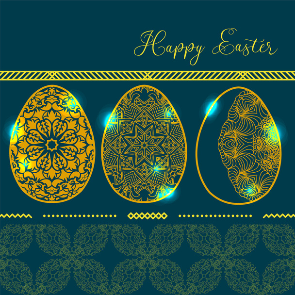 The Card with three Golden Glowing Easter eggs with Mandala patt - Вектор,изображение