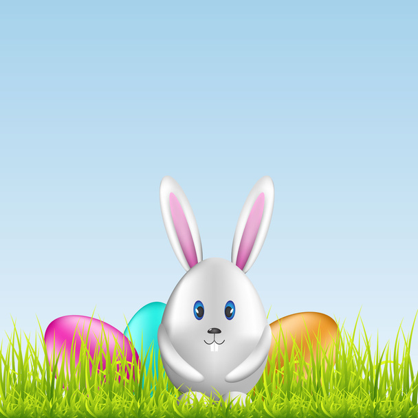 Conejo de Pascua y huevos coloridos en medow primavera
 - Vector, Imagen