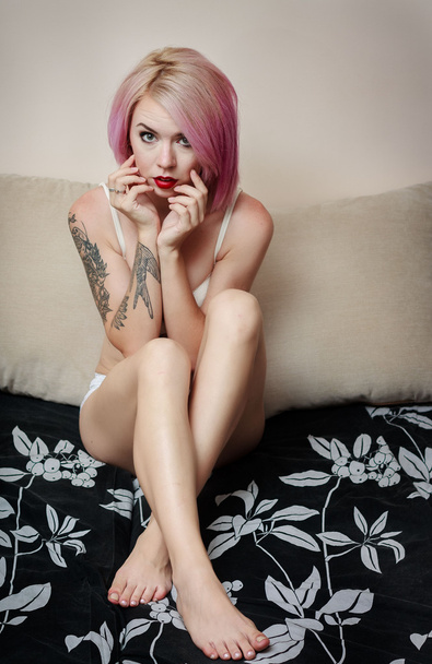 beautiful girl with a tattoo in lingerie - Photo, Image
