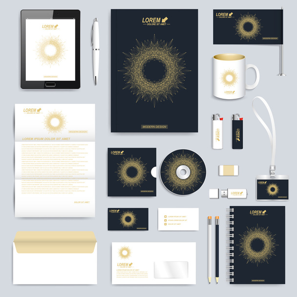 Black set of vector corporate identity template. Modern business stationery mock-up. Branding design with round golden form connected lines and dots . Medicine, science, technology concept - Vector, Image
