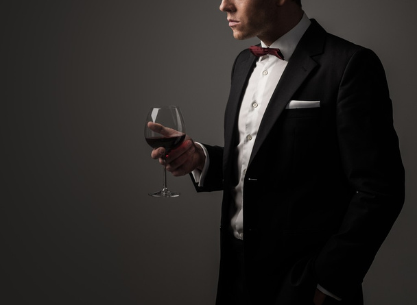Sharp dressed man wearing jacket and bow tie with glass of vine - Zdjęcie, obraz