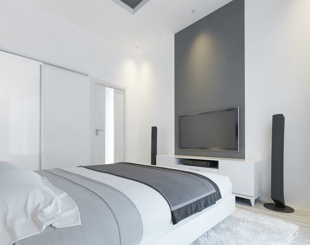 TV-console met luidsprekers in de moderne slaapkamer. - Foto, afbeelding