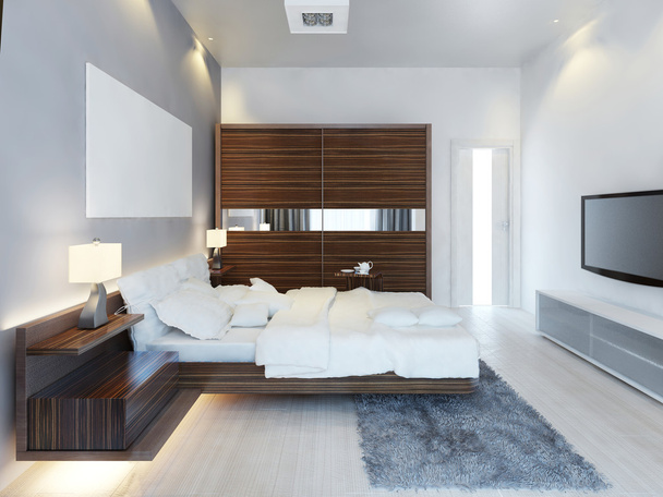 Дизайн современной светлой спальни с большим скользящим экраном
. - Фото, изображение