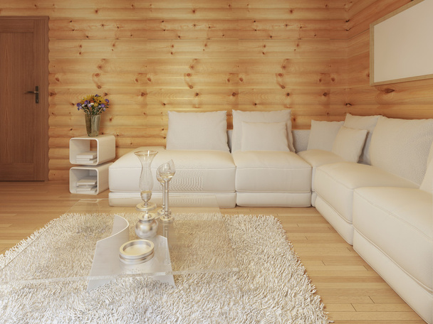 Modern living in a log interior with large white corner sofa. - Zdjęcie, obraz
