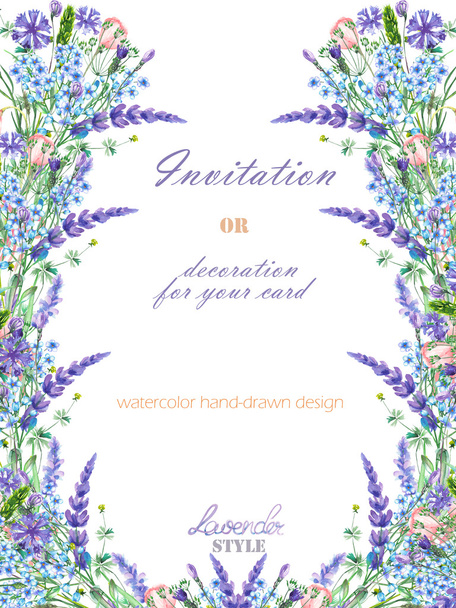 Шаблон открытки с цветочным оформлением; акварельные цветочные элементы лаванды, василька, забудка и цветы эустомы
 - Фото, изображение