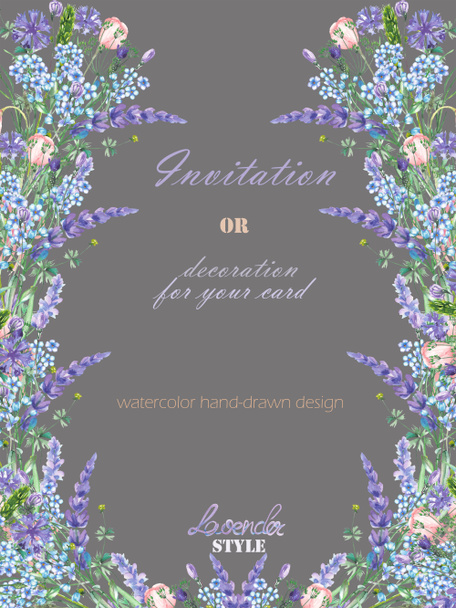 Modèle de carte avec la conception florale ; éléments floraux aquarelle de la lavande, bleuet, oublier-moi-pas et fleurs d'eustomie
 - Photo, image