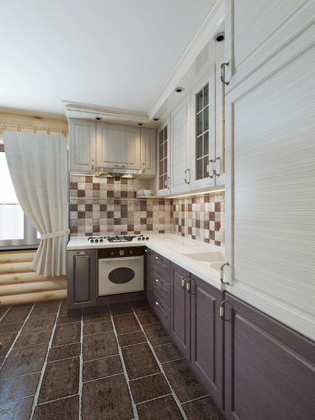 Кухня в бревенчатом интерьере в современном коричневом стиле
. - Фото, изображение