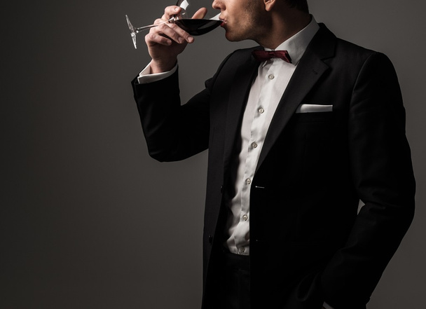 Sharp dressed man wearing jacket and bow tie with glass of vine - Φωτογραφία, εικόνα