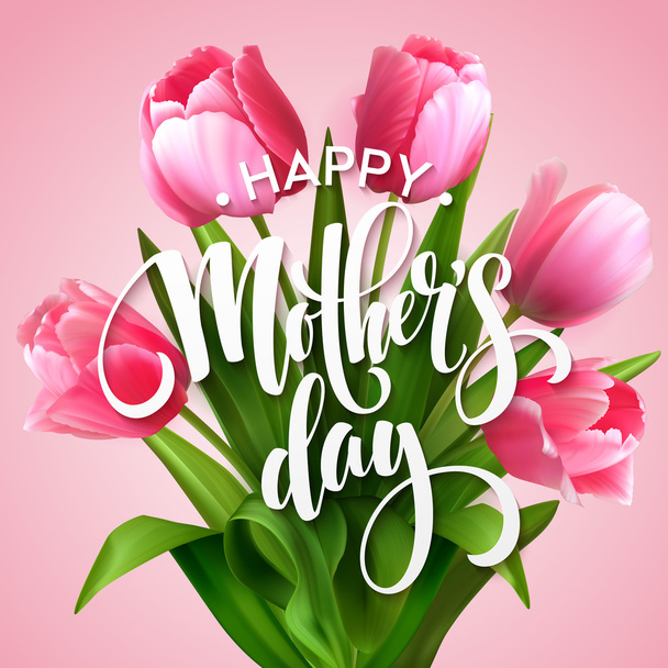 Χαρούμενη Μέρα Μητέρας. Ημέρα της Μητέρας ευχετήρια κάρτα με ανθισμένα λουλούδια τουλίπα. Εικονογράφηση διανύσματος - Διάνυσμα, εικόνα