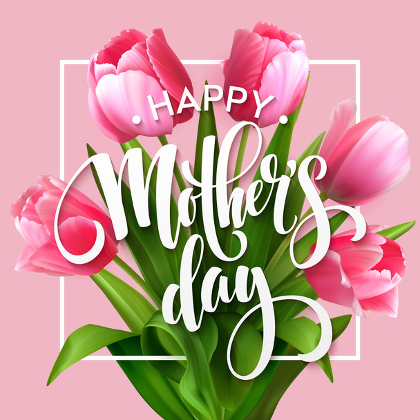 Anneler Günün kutlu olsun. Çiçek açan lale çiçekleriyle anneler günü tebrik kartı. Vektör illüstrasyonu - Vektör, Görsel