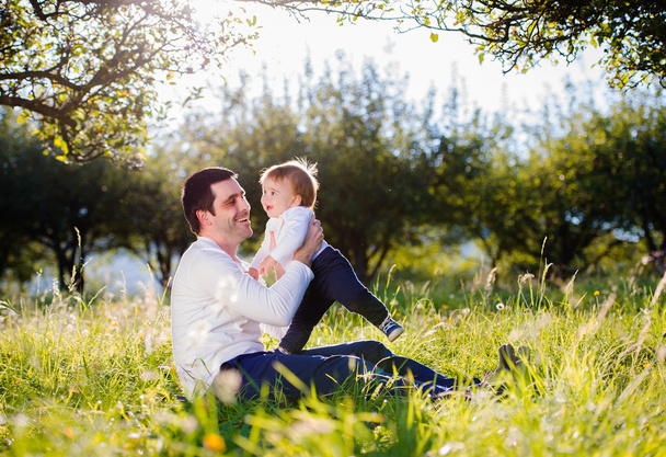 Father holding little son on grass - Fotoğraf, Görsel