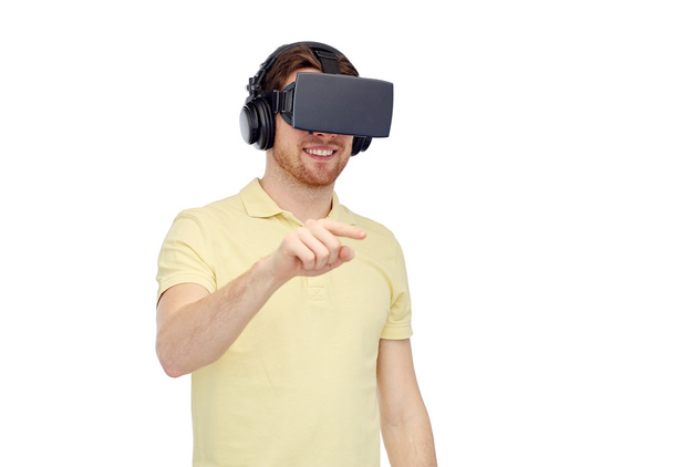 happy man in virtual reality headset or 3d glasses - Photo, Image