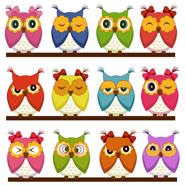 Set of 12 owls with different emotions - Vektor, Bild