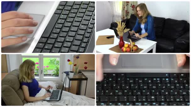 Бізнес-леді працюють з ноутбуком вдома. Колаж з кадрами
. - Кадри, відео