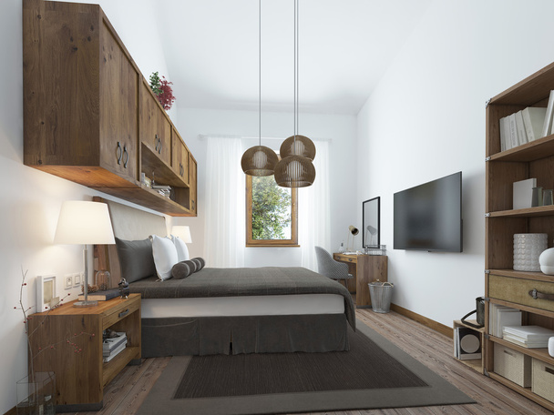 Ampia camera da letto in stile moderno con elementi di un loft rustico
. - Foto, immagini