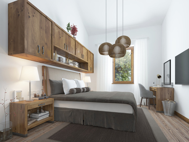 Спальня в стилі лофт з дерев'яними меблями і білими стінами
. - Фото, зображення