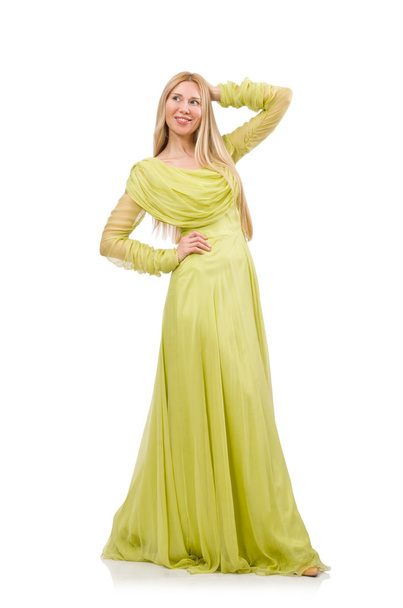 Giovane donna in elegante abito lungo verde isolato su bianco - Foto, immagini