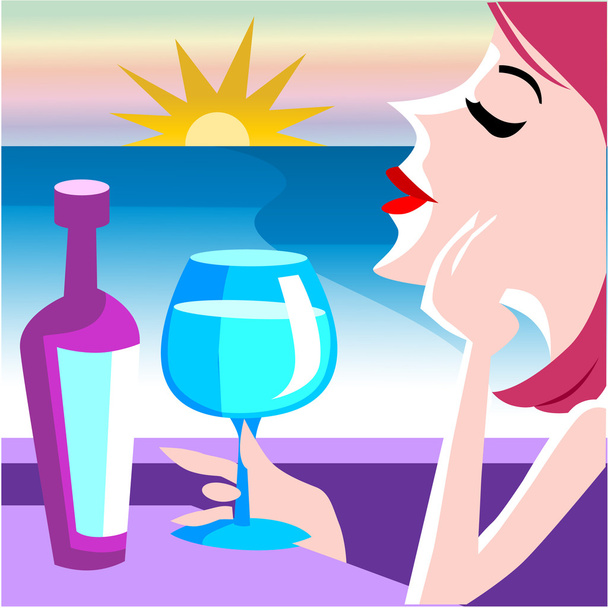 Girl with Glass of Wine on Beach - Vector, Image