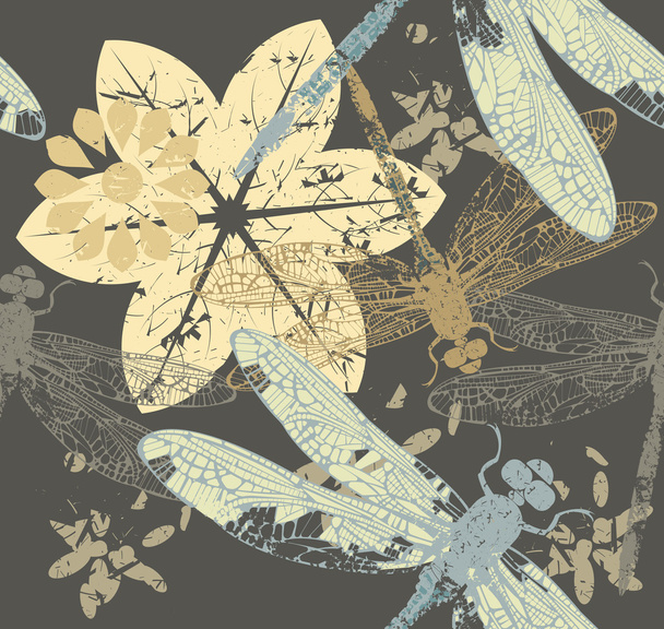 Seamless Autumn pattern with flowers and dragonfly's - Διάνυσμα, εικόνα