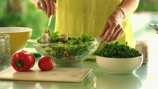 Woman hands mixing salad with spoon in kitchen - Séquence, vidéo