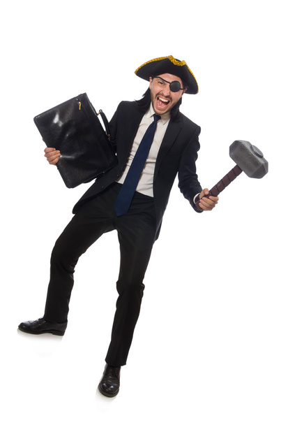 Піратський бізнесмен з молотком і портфелем ізольовані на білому
 - Фото, зображення