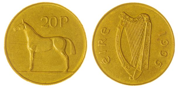 1995 met 20 pence muntstuk geïsoleerd op een witte achtergrond, Ierland  - Foto, afbeelding