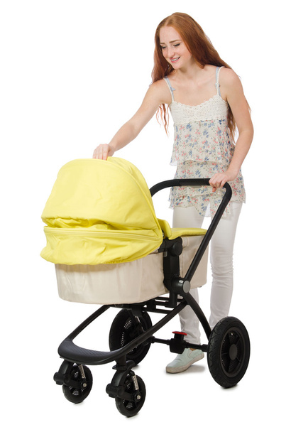 Woman with baby and pram isolated on white - Photo, Image