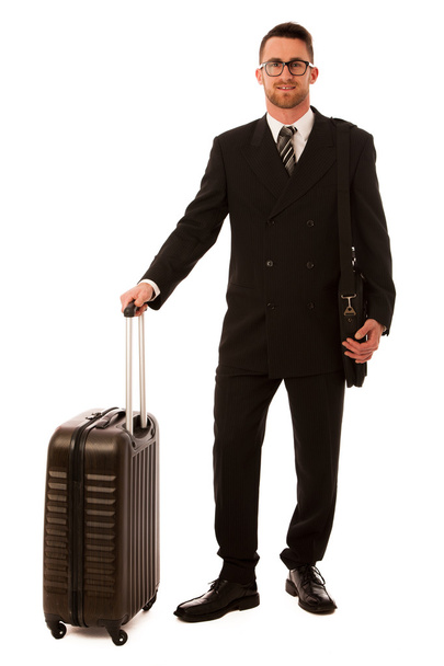 Successful businessman in formal suit and briefcase going on bus - Photo, image