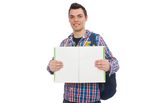Hymyilevä valkoihoinen opiskelija reppu ja kirja
 - Valokuva, kuva