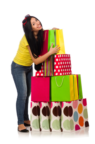 Woman with shopping bags isolated on white - Foto, Imagem