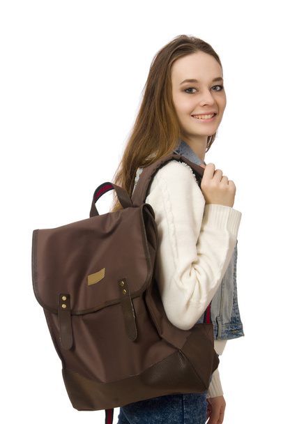 Pretty girl in jeans holding rucksack isolated on white - Photo, Image