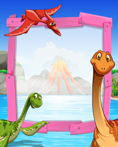 Frame design with dinosaurs at the lake - Vector, Image