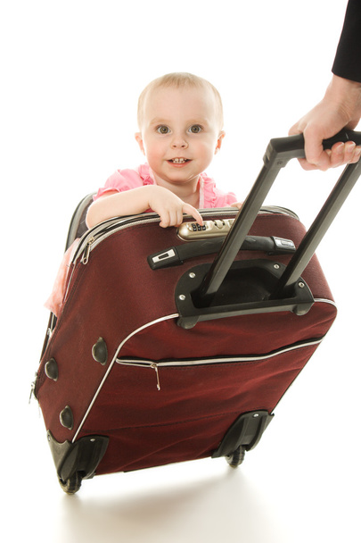 Beautiful baby in suitcase isolated - Foto, afbeelding