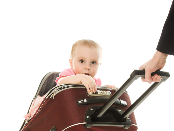 Beautiful baby in suitcase isolated - Valokuva, kuva