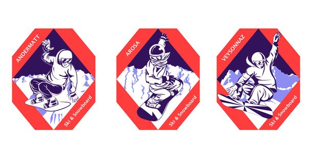  set of labels with a man on a snowboard going down a hill, moun - Διάνυσμα, εικόνα