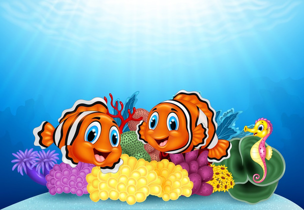 Cartoon clownfish and seahorse with underwater landscape - Vector, Image