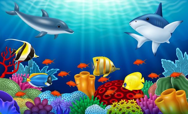 Gyönyörű víz alatti világ korallokkal és trópusi halakkal. - Vektor, kép