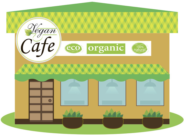 Vegan cafe building facade. Background flat design vector illustration. - Vettoriali, immagini