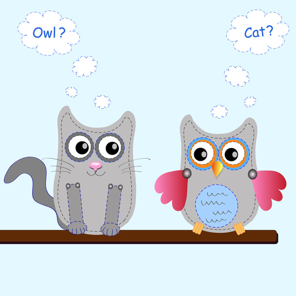 Little sweet owl and cat - Vector, Imagen