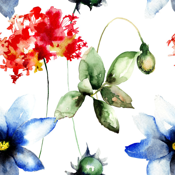 Seamless wallpaper with Gerber, Poppy and Hydrangea flowers - Zdjęcie, obraz