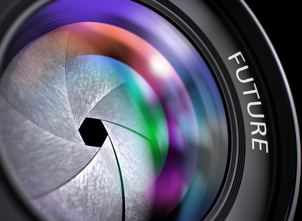 Concepto futuro en el vidrio frontal de la lente de la cámara
. - Foto, imagen