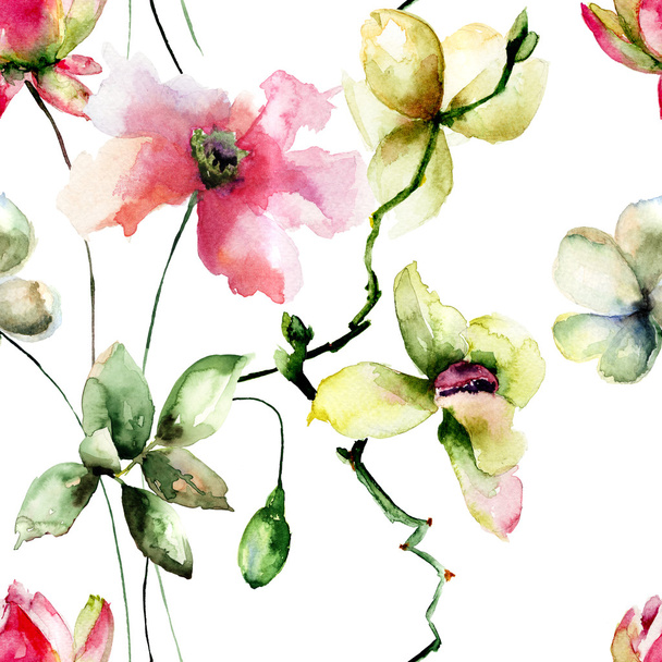 Seamless pattern with Original flowers - Foto, Imagen