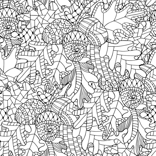 Naadloze patroon met eiken brunch, bladeren en eikels in doodle st - Vector, afbeelding