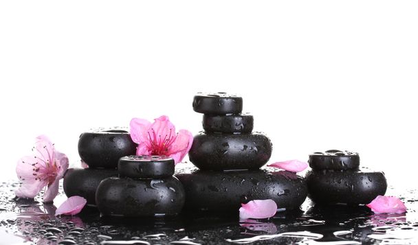 Spa stones with drops and pink sakura flowers on white background - Zdjęcie, obraz