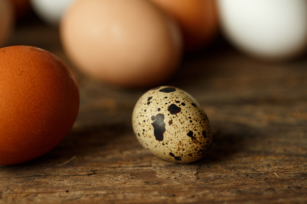 Čerstvé kuře a křepelčích vajec na dřevěné pozadí - Fotografie, Obrázek