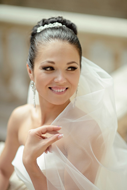 Beautiful brunette bride in wedding dress - Fotó, kép