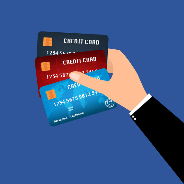 Επιχειρηματίας χέρι κρατώντας τσιπ πλαστικές πιστωτικές κάρτες. - Διάνυσμα, εικόνα