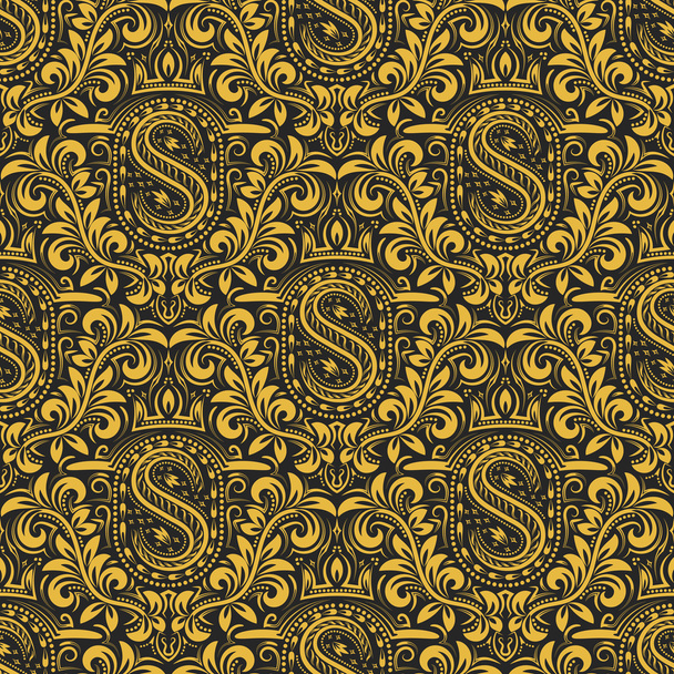 Gold black floral seamless pattern with S letter and crown in baroque style - Vector, Image