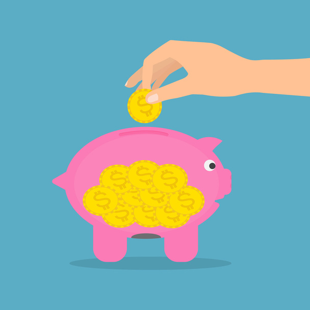Hand putting gold money coins in to piggy bank. - Vector, Image