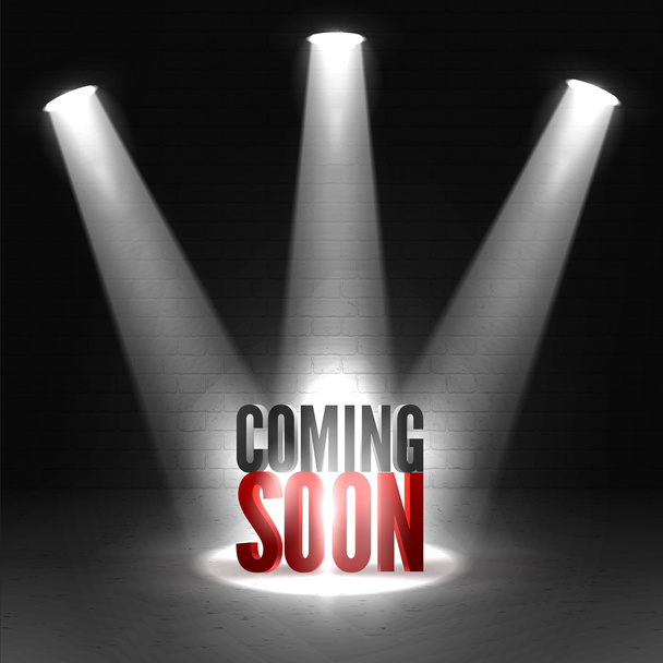 Coming soon. Text in Spotlight shine effects on a dark background - Vector, Image